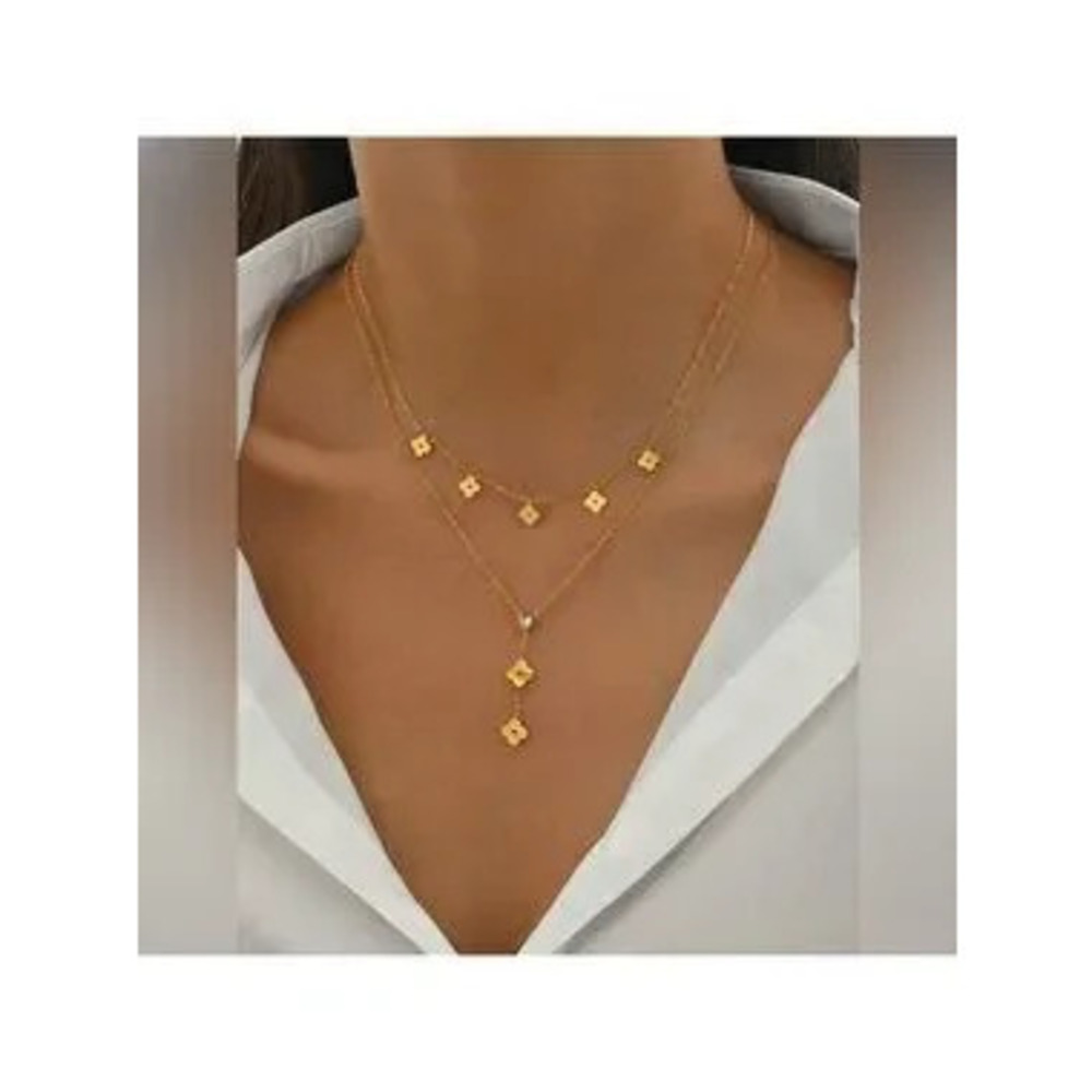 Gold Plated Stainless Steel 1pc Layered Clover Lariat Necklace